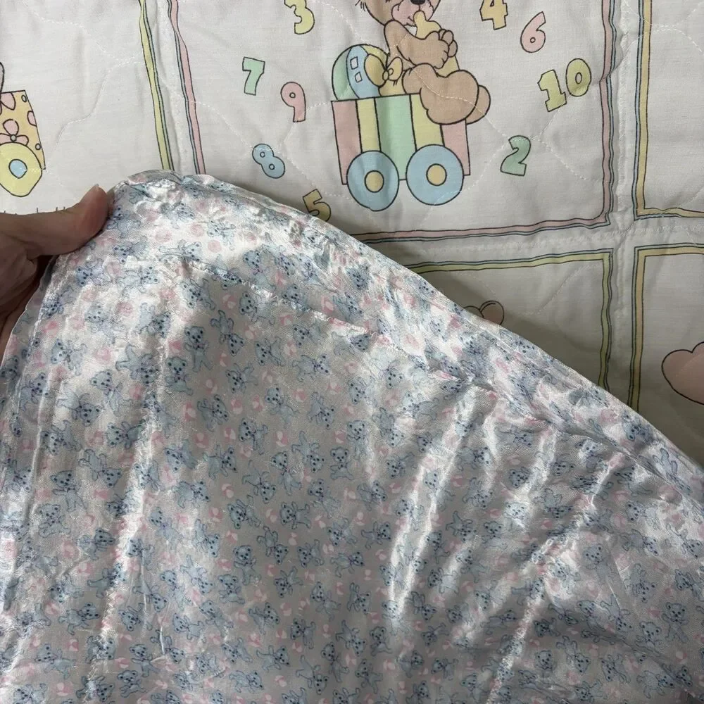 Vintage Handmade Precious Moments Quilt Baby Blanket Counting Satin Back